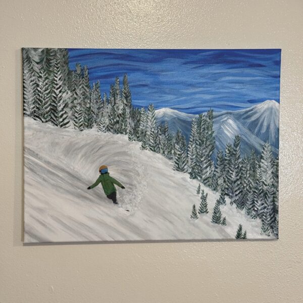 Painting of snowboarder going through deep powder on a mountain